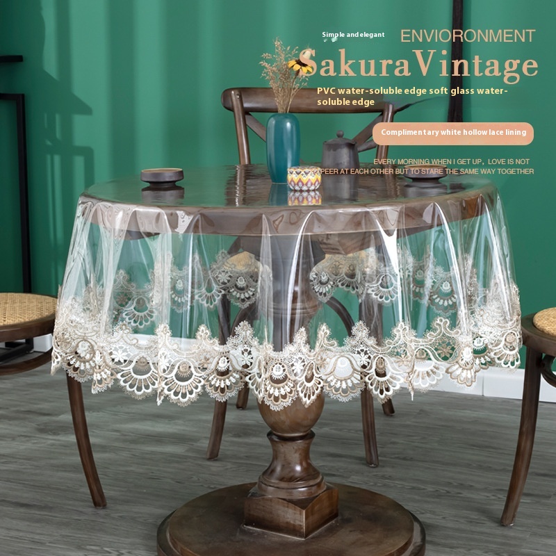 PVCTransparent Embroidered Lace Tablecloth Drooping Soft Tablecloth Household Round Table Cloth American Table Cloth Coffee Table Cloth