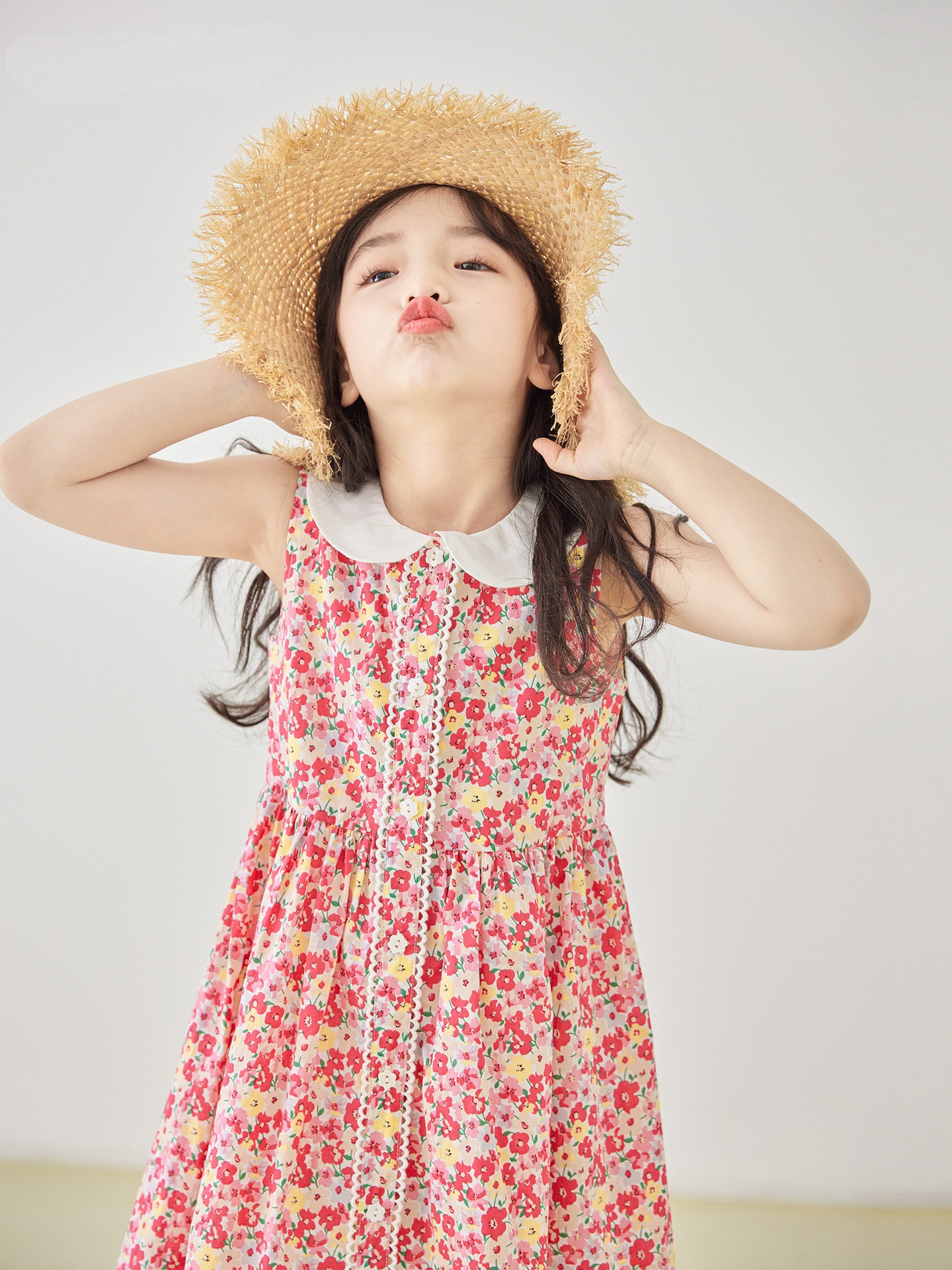 Girls Spring And Summer Red Floral Vest Dress Pure Cotton Sleeveless Lapel Sweet Princess Dress