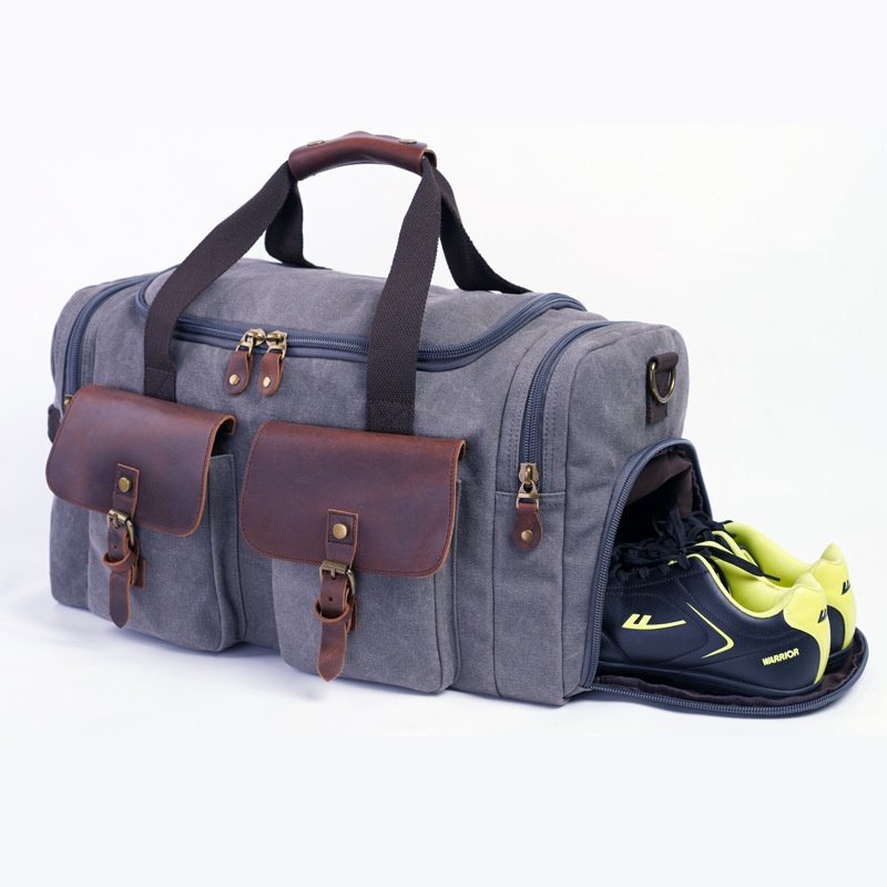 Genuine Leather Canvas Travel Bag Men's Outdoor Goods Suitcase Travel Fitness Photography Bag Large Capacity Travel Bag