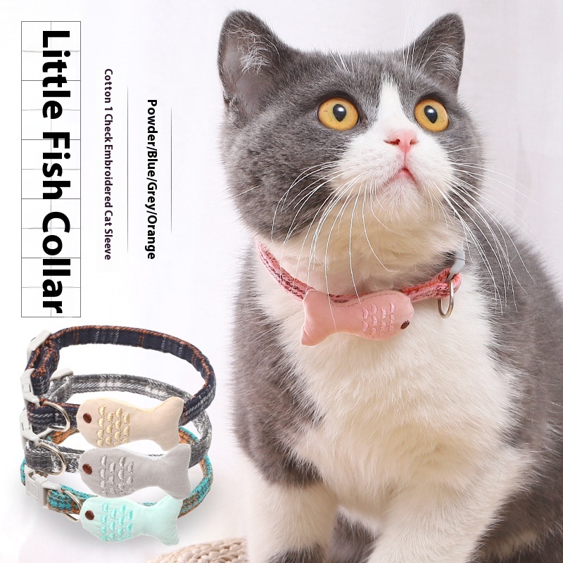 SHavo Cat And Dog Universal Decorative Collar Filled With Cotton Scottish Plaid Embroidered Small Fish Collar