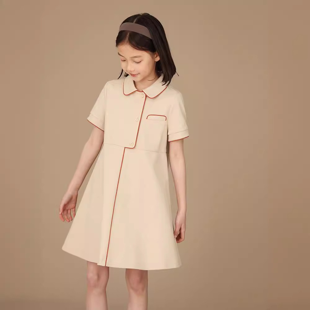 Children's Clothing Summer Products College Style Asymmetrical Placket Girls Polo Collar Casual Short-sleeved Dress