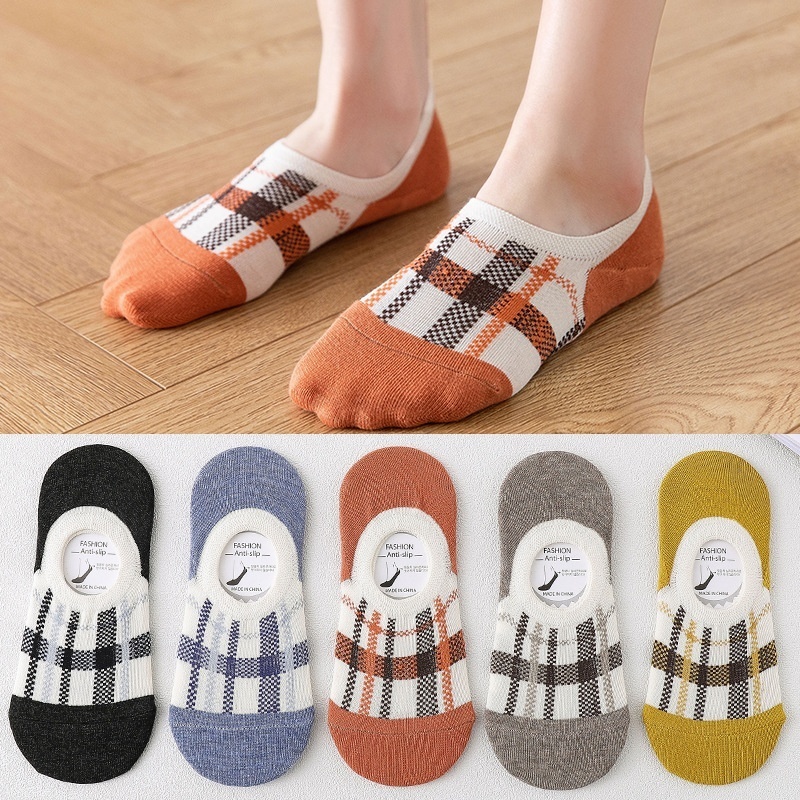 Invisible Socks Spring And Summer Checkered Boat Socks Women Korean Cotton Short Socks Women Silicone Non-slip Women's Socks