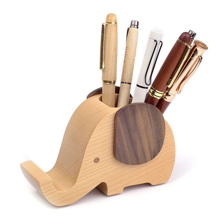 Creative Solid Wood Elephant Pen Holder Office Supplies Pen Holder Mobile Phone Holder Solid Wood Pen Barrel Can Be Printed Lo