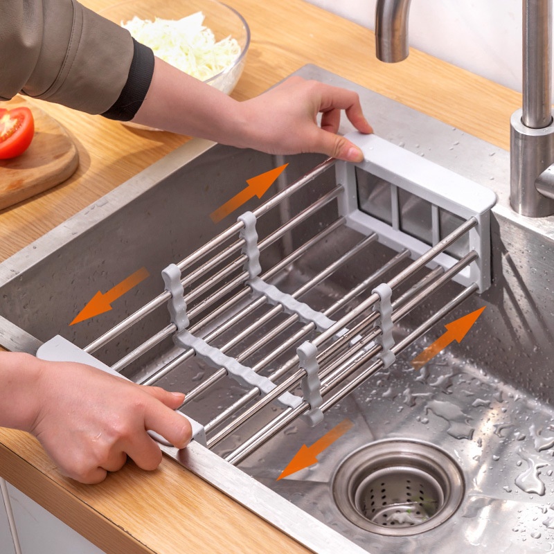 Large Sink Rack Stainless Steel Thickened Retractable Drain Basket Kitchen Rust-proof Sink Drain Basket