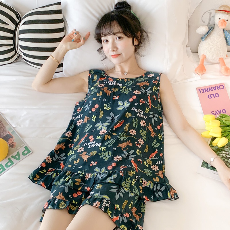 Beautiful Back Cotton Silk Pajamas Women's Thin Vest Shorts Two-piece Set Sweet Japanese Style Student Thin Artificial Cotton Home Clothes