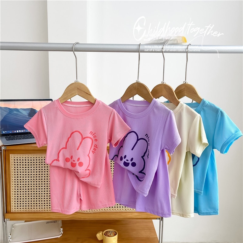 Children's Summer Home Clothes Suit Boy Cartoon Bear Air-conditioning Clothes Girl Baby Casual Short-sleeved Pajamas