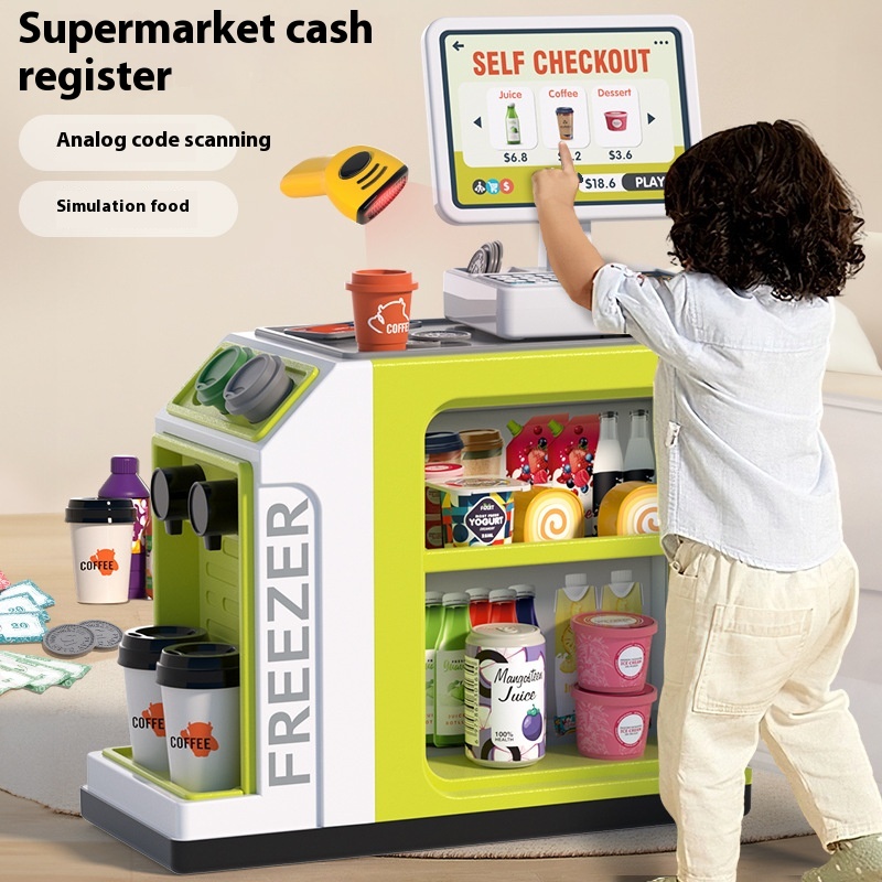 Children's Supermarket Vending Machine Simulation Coffee Dessert Shopping Scan Code Swipe Card Cash Register Play House Toys