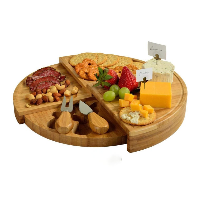 Bamboo Rotating Opening And Closing Bread Cheese Cutting Board Picnic Fruit Dessert Plate Mini Cutting Board