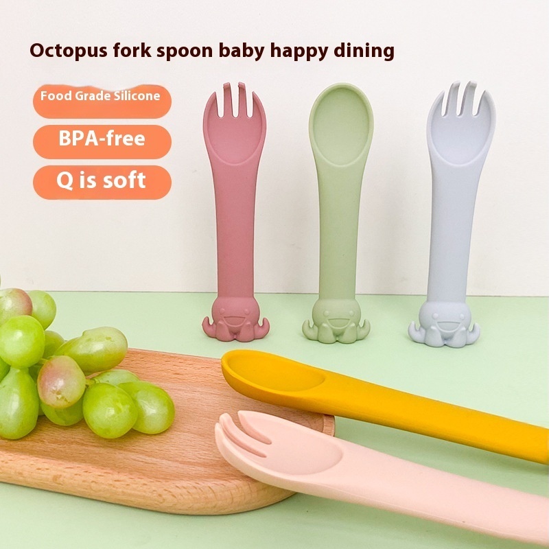 Self-eating Children's Silicone Fork Spoon Cartoon Octopus Baby Training To Learn To Eat Food Grade Feeding Supplementary Food Spoon