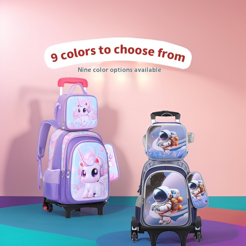 Nylon Schoolbag Three-piece Set Schoolbag Children's Schoolbag For Primary School Students Lightweight Loadable Pull Rod Lunch Bag Cute