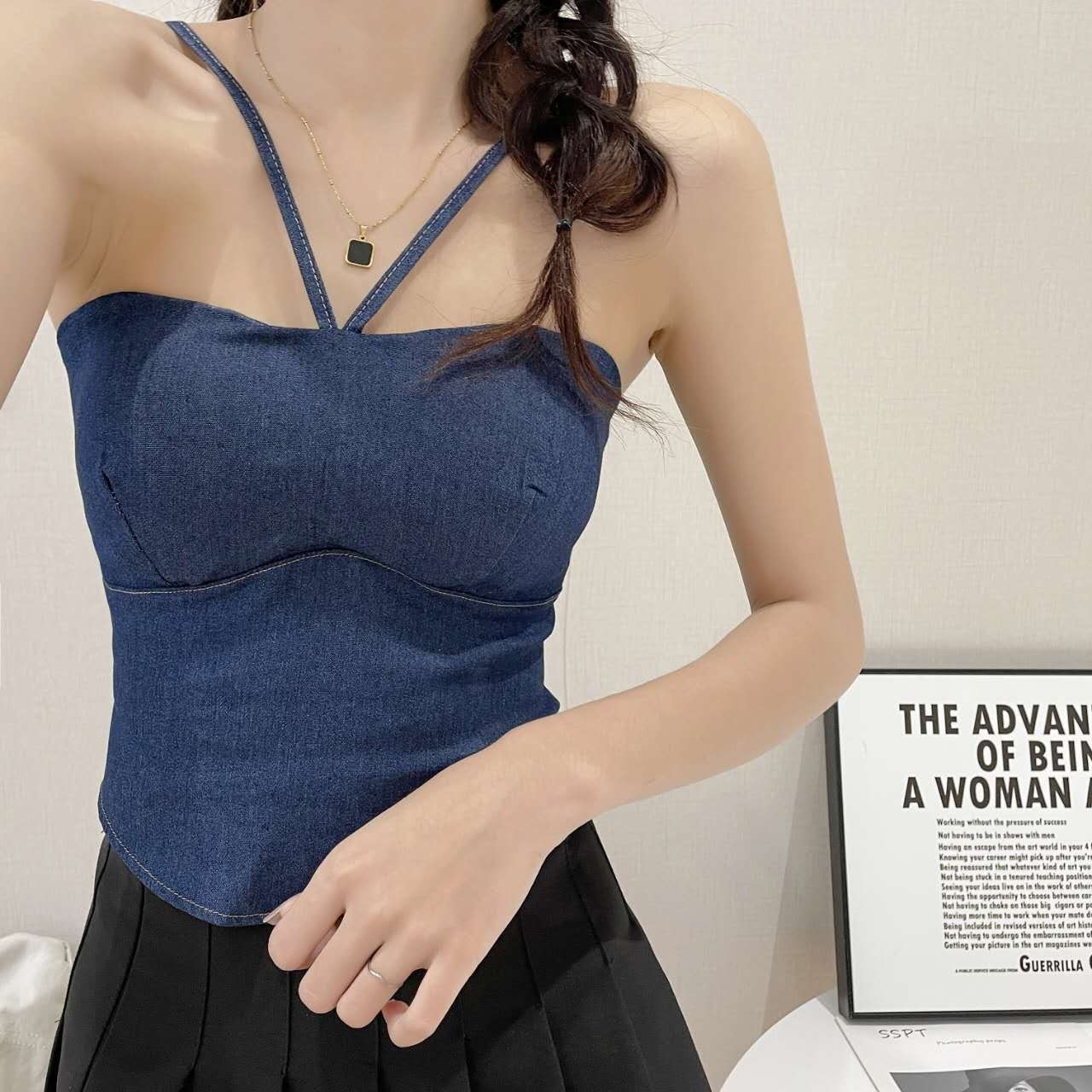 Korean Denim Camisole Top,Versatile,Niche Design,Beautiful Back,Sleeveless,Halter Neck,Padded Top