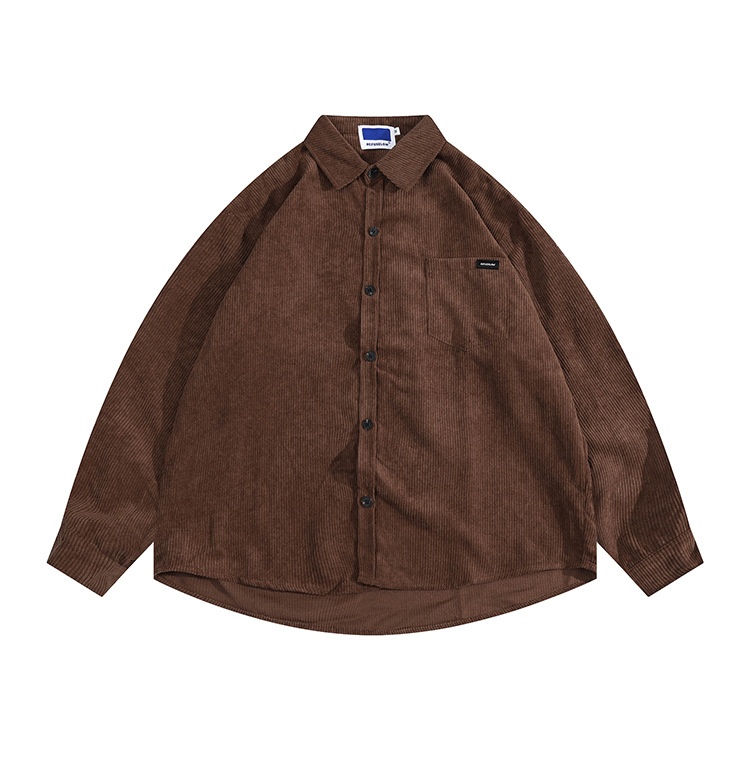 Autumn And Winter Men's Corduroy Shirt Retro Solid Color Lapel Loose Pocket Decoration Casual Jacket