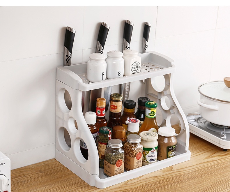 Double-layer Kitchen Rack Seasoning Plastic Storage Rack Floor Knife Rack Seasoning Bottle Rack Stove Storage Artifact