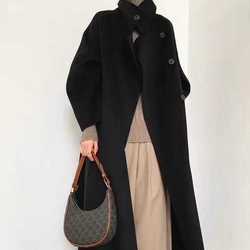 Design Sense Stand Collar Side Single-breasted Double-sided Wool Coat Woolen Coat Women's Korean Version Autumn And Winter Medium And Long Style - 3
