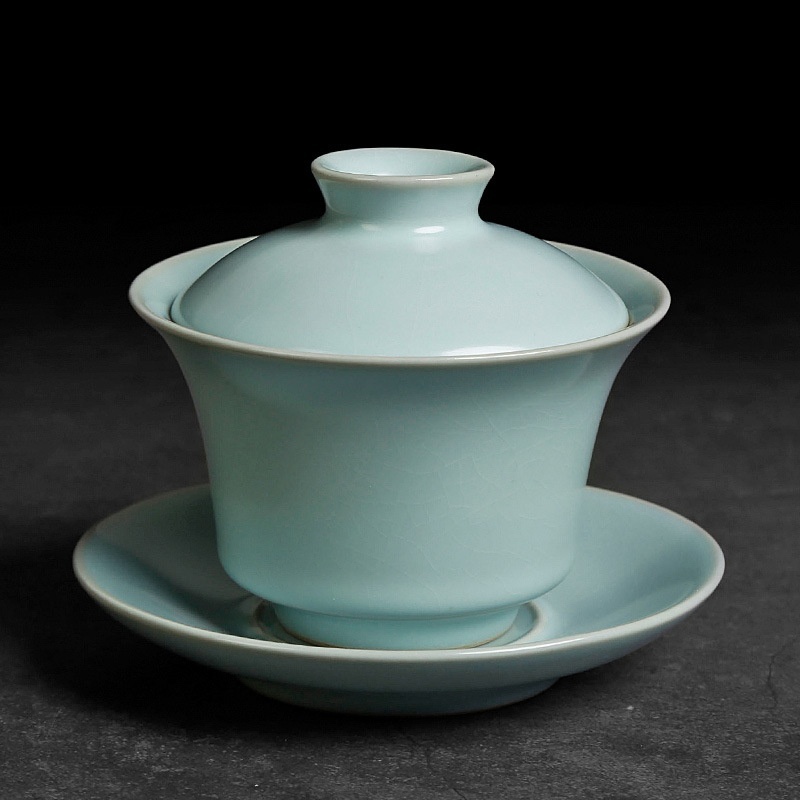Tea Set Covered Bowl Single Ru Kiln Cracked Home Kung Fu Tea Brewing Tea Bowl Small Size Sky Blue Ceramic Can Raise Sancai Cup