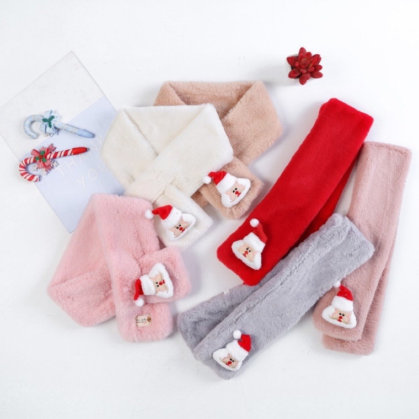 Korean Version Of Santa Claus Printed Scarf For Children Autumn And Winter Solid Color Scarf Baby Cute Plush Cross Scarf