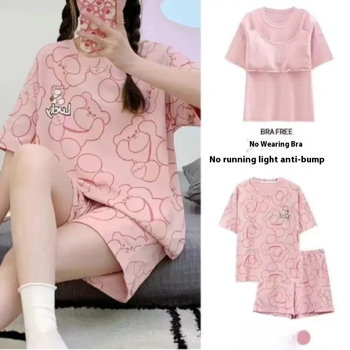 Pajamas Women's Summer With Chest Pad Sweet Short-sleeved Thin Cartoon Plus Size Loose Style Suit Home Clothes For Outer Wear