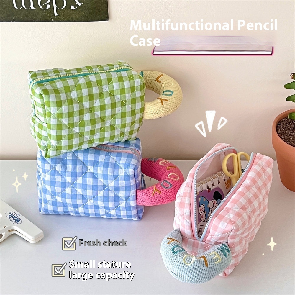 Small Fresh Multifunctional Plaid Cosmetic Bag Embroidery Handbag Cosmetic Storage Bag Female Student Portable Pencil Bag