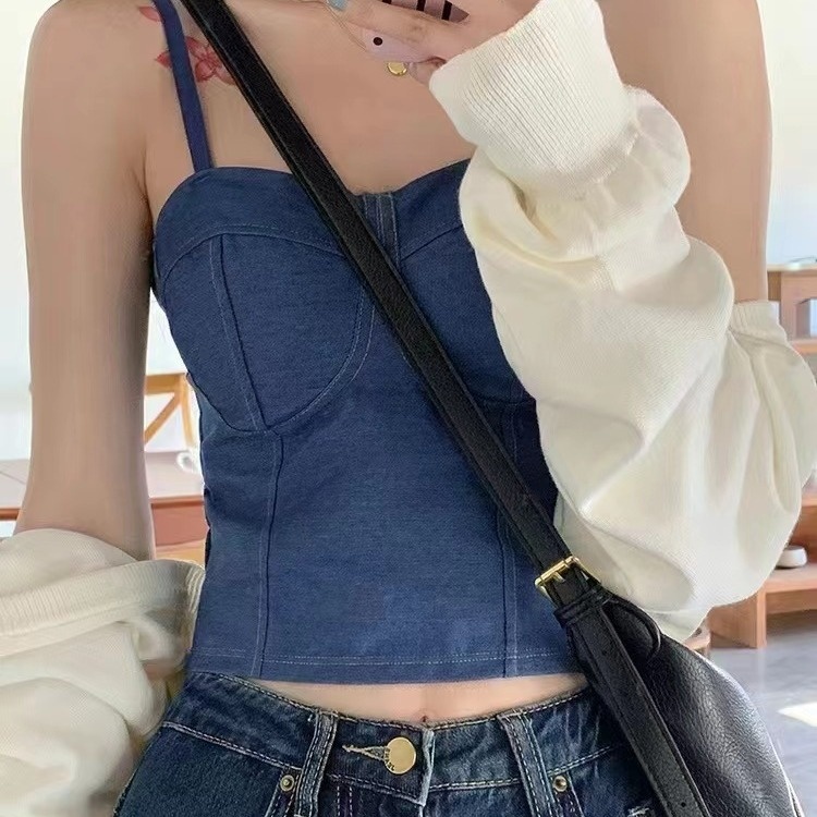 Hong Kong Style Denim Suspenders Chest Pad Navel-baring Vest All-match Outer Wear Sleeveless Tops Women's Bottoming Shirt Tube Top Beautiful Back