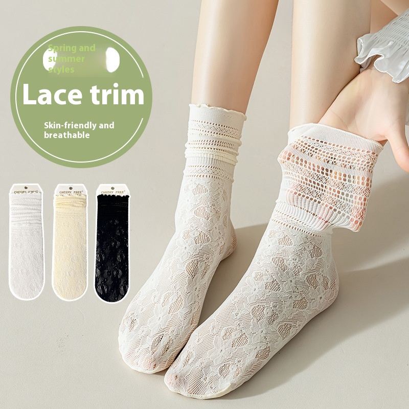Socks Women's Spring And Summer Mid-calf Socks Princess Style Lace Pile Socks Sweat-absorbent Breathable Mesh Comfortable All-match