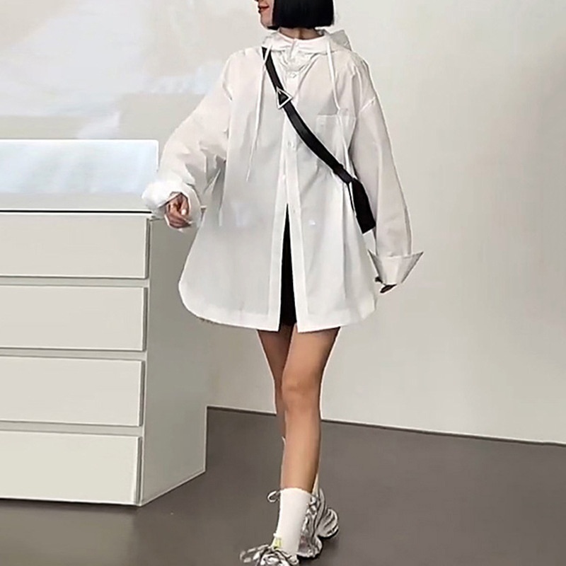 Fat Mm Plus Size Women's Casual Hooded Shirt Women Autumn Medium And Long Fashion Slim Shirt Jacket