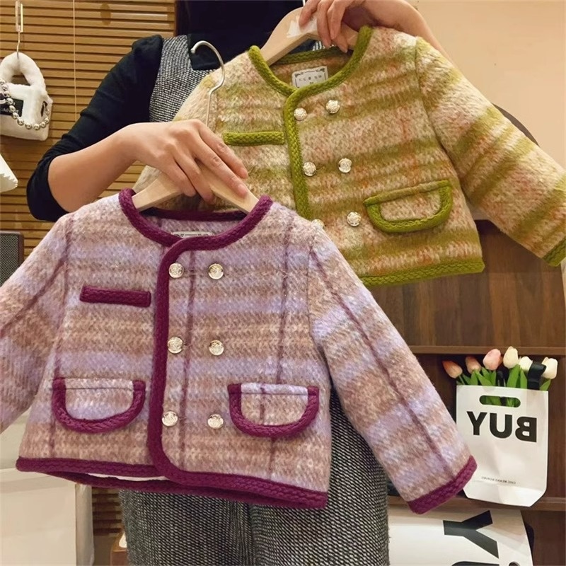 Girls Jacket Korean Style Children's Clothing Winter Style Girls Stylish Double-breasted Woolen Jacket Children's Top