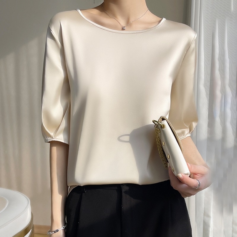 Breathable Silk Silk Spring And Summer Women's Crewneck Loose Solid Color Acetic Satin All-match T-shirt Top