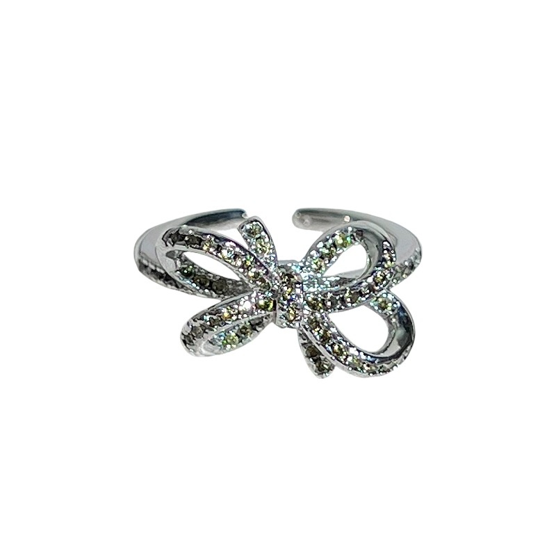 O Green Zircon Exquisite Color Treasure Opening Ring Women's Light Luxury Full Diamond Bow High-end All-match Ring