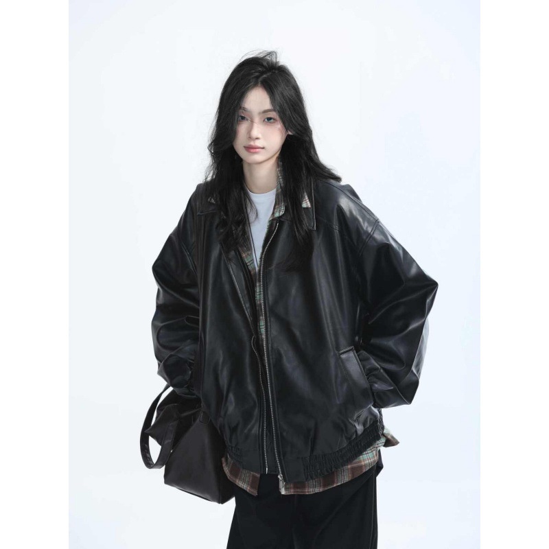 American Style Retro Black Leather Jacket Women's Autumn Fashion Hong Kong Style Puleather Jacket Biker Top