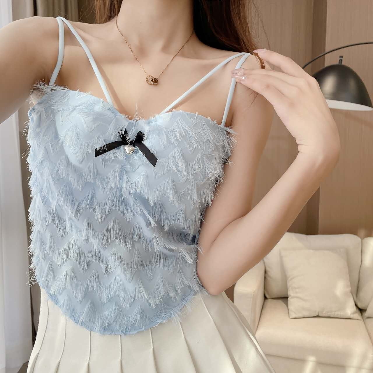 Hot Girl Plush Tassel Bow Camisole With Chest Pad For Women,Pleated Beautiful Back,Outer Wear Design Top