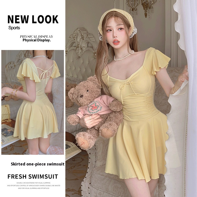 Swimwear Women's Skirt-style Conservatively Covering Belly Slimming Girl's Small Chest Gathering High-end Hot Spring Swimwear