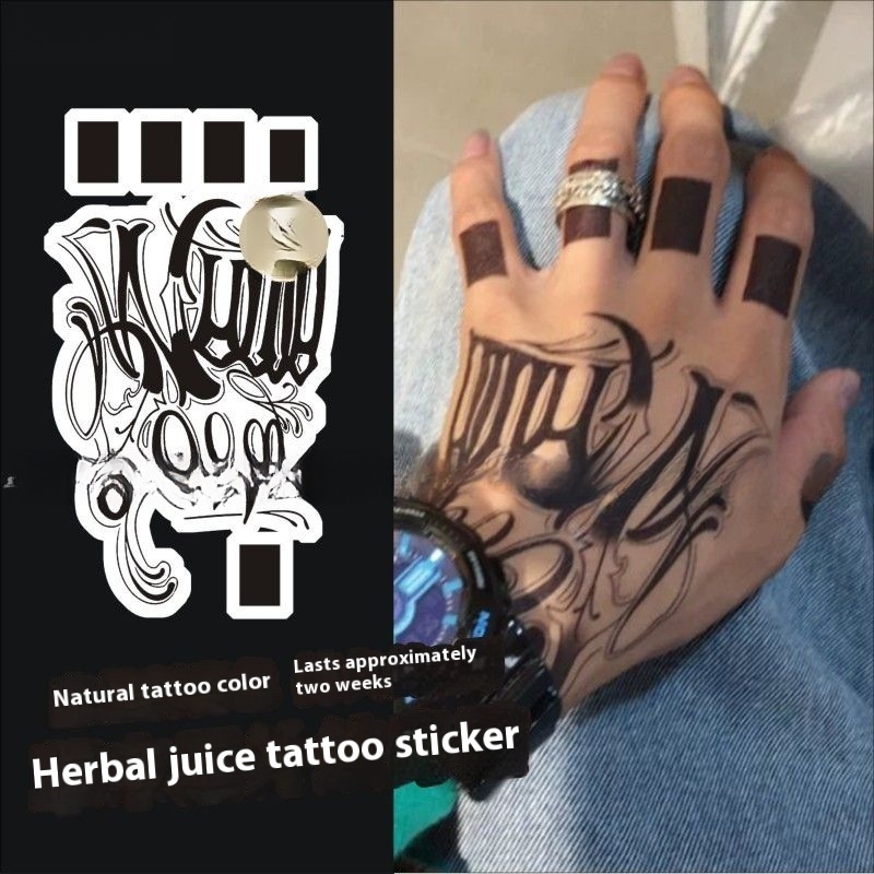 Herbal Juice Back Of Hand Tattoo Stickers Black Finger Flower Hands English Stylish Social Style Popular Grass