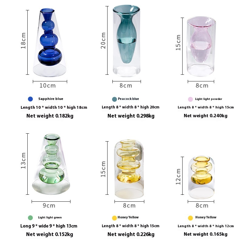 Colored Glass Vase Double Layer Nordic Fireless Rattan Aromatherapy Bottle High Borosilicate Ornaments Living Room Flower Arrangement Hydroponics - 4