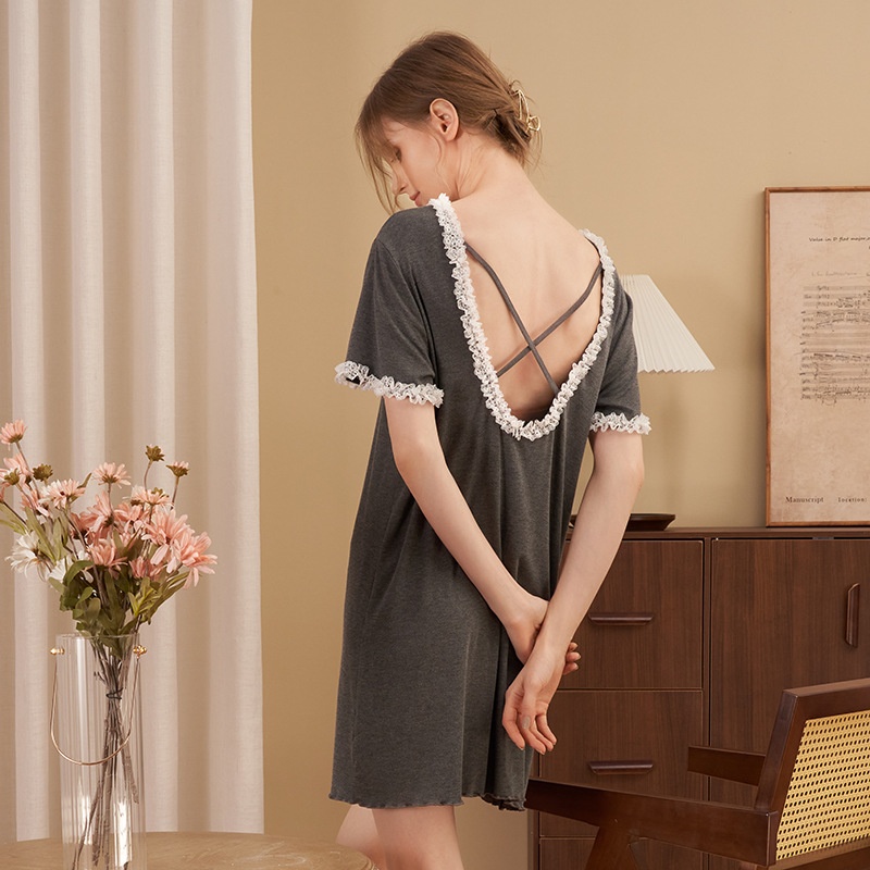 Modal Lace Short-sleeved Nightdress For Women Summer Backless Sexy Design Solid Color Dress Home Clothes