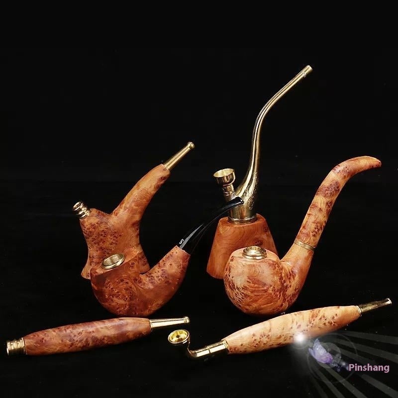 Handmade Taihang Cliff Cypress Pipe Filter Pipe Old-fashioned Pipe Curved Solid Wood Straight Portable Play Wooden Pipe