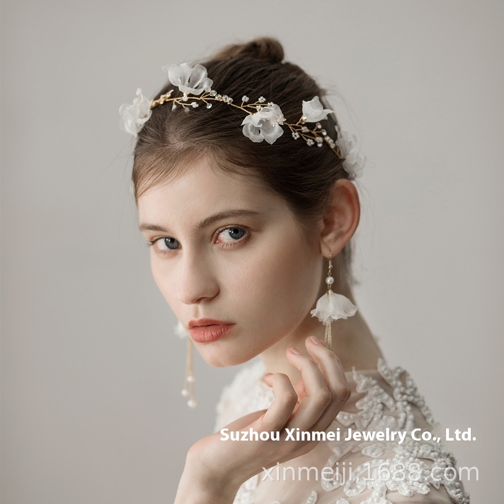 O338 Korean Bridal Headdress Super Fairy Beaded Gauze Flower Bridal Headband Earrings Wedding Dress Modeling Accessories