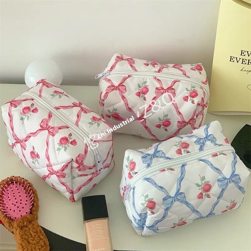 Bow Rose Print Cosmetic Bag Korean Version Rose Flower Ladies Cosmetics Skin Care Products Storage Bag
