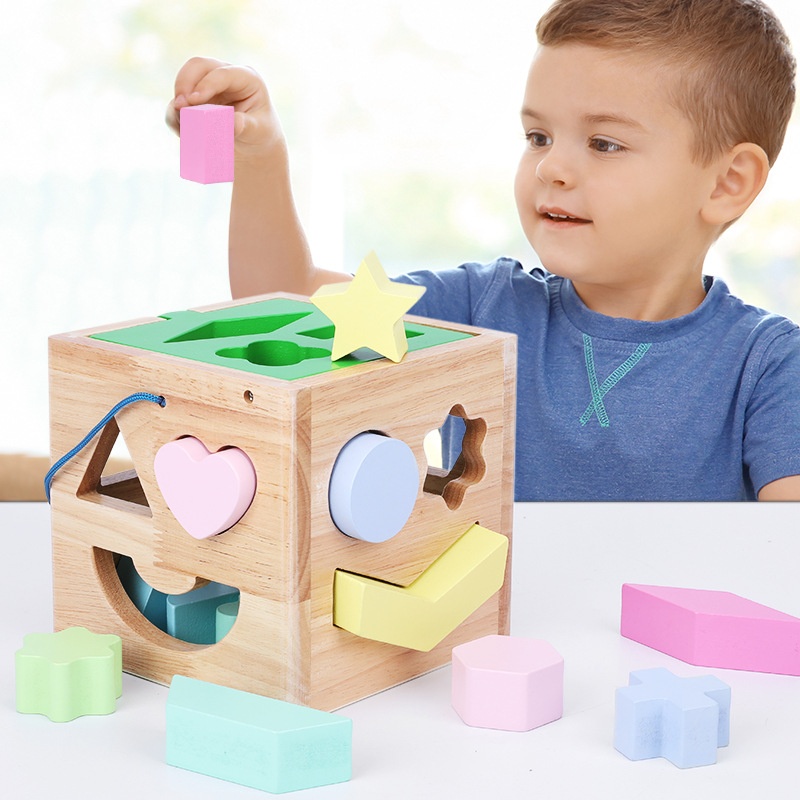 Wooden15-hole Shape Building Blocks Intelligence Box Toy Children's Baby Early Education Enlightenment Cognitive Three-dimensional Building Blocks Puzzle