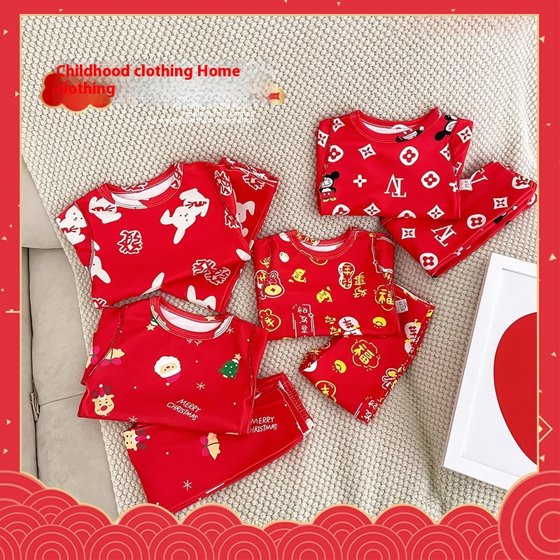 Children's Zodiac Year German Velvet Boneless Home Clothes Set Boys And Girls Seamless Year Greetings Clothes Bright Red Autumn Clothes And Autumn Pants