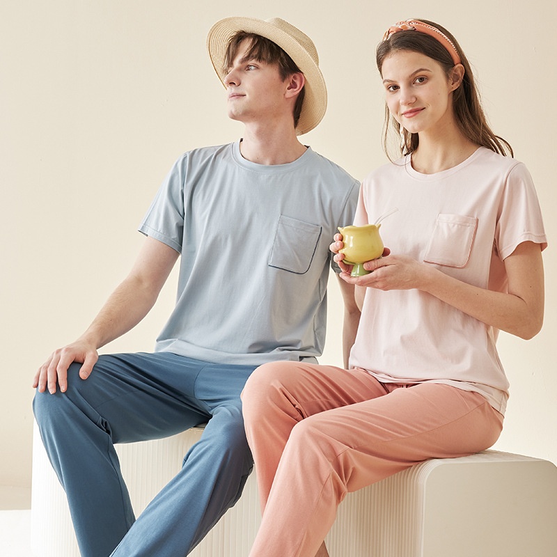 Short-sleeved Pullover Lenzing Modal Cotton Couple Pajamas Women Summer Solid Color Simple Men And Women Home Clothes