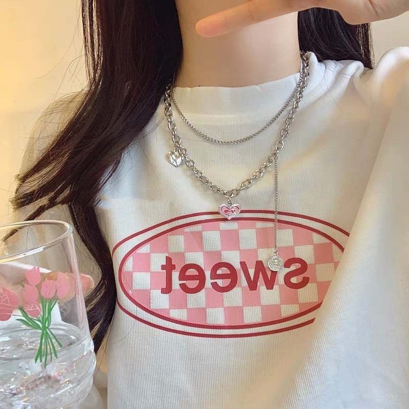 Pink Love Necklace Light Luxury Niche High-end Hip-hop Double-layer Sweater Chain Autumn And Winter - 1