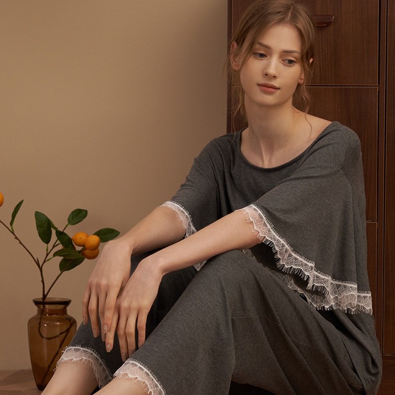 Spring And Summer Style Bell Sleeve Home Clothes Pajamas Women Short Sleeve Home Pajamas Lace Trousers Women Two-piece Set