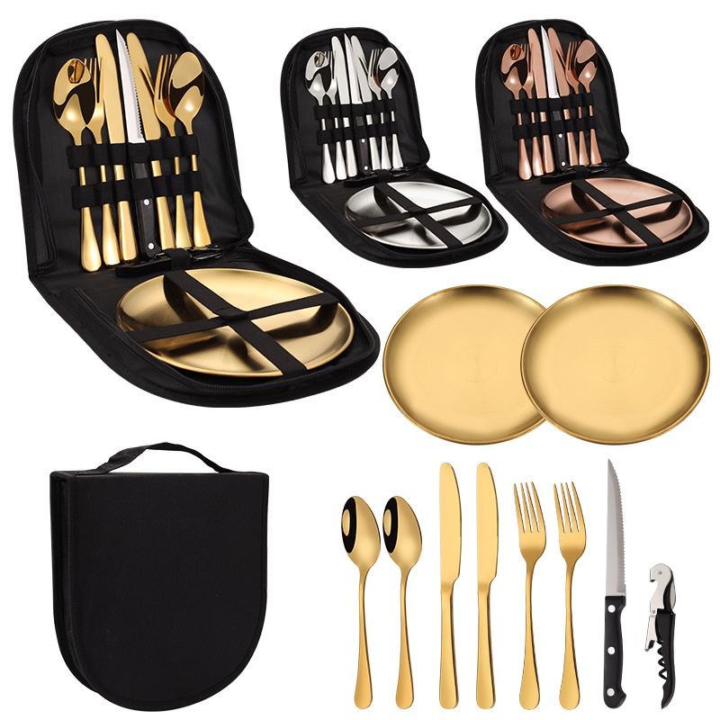 Camping Stainless Steel Tableware Set Outdoor Travel Portable Tableware Knife, Fork And Spoon Direct From Stock