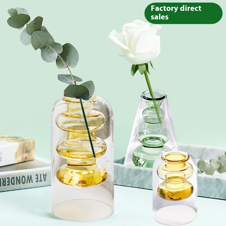 Colored Glass Vase Double Layer Nordic Fireless Rattan Aromatherapy Bottle High Borosilicate Ornaments Living Room Flower Arrangement Hydroponics - 3