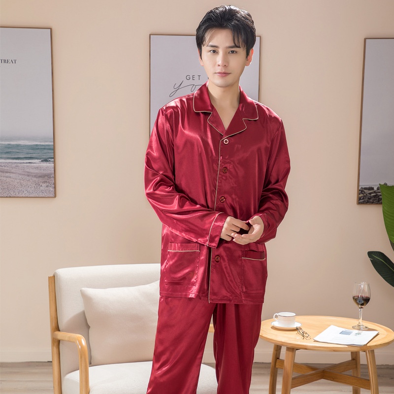 Cardigan Pajamas Men's Two-piece Spring And Summer Thin Pure Color Imitation Silk Home Wear