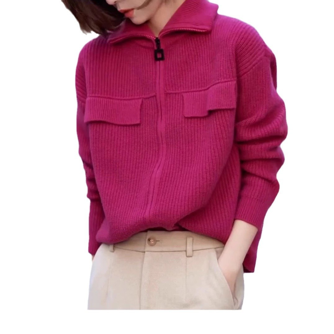 Solid Color High-grade Long-sleeved Sweater Women's Pure Wool Korean Style Fashionable Elegant POLO Collar Cardigan Sweater Y