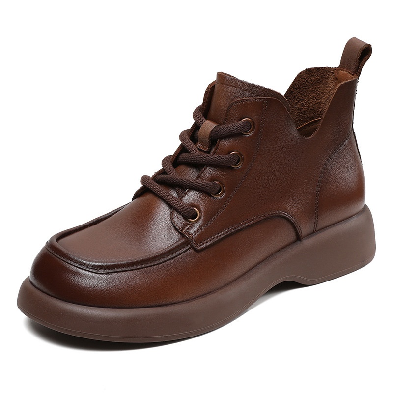 First-layer Cowhide Martin Boots For Women Autumn Low-top Retro Boots Handmade V-mouth Lace-up Short Boots - 5