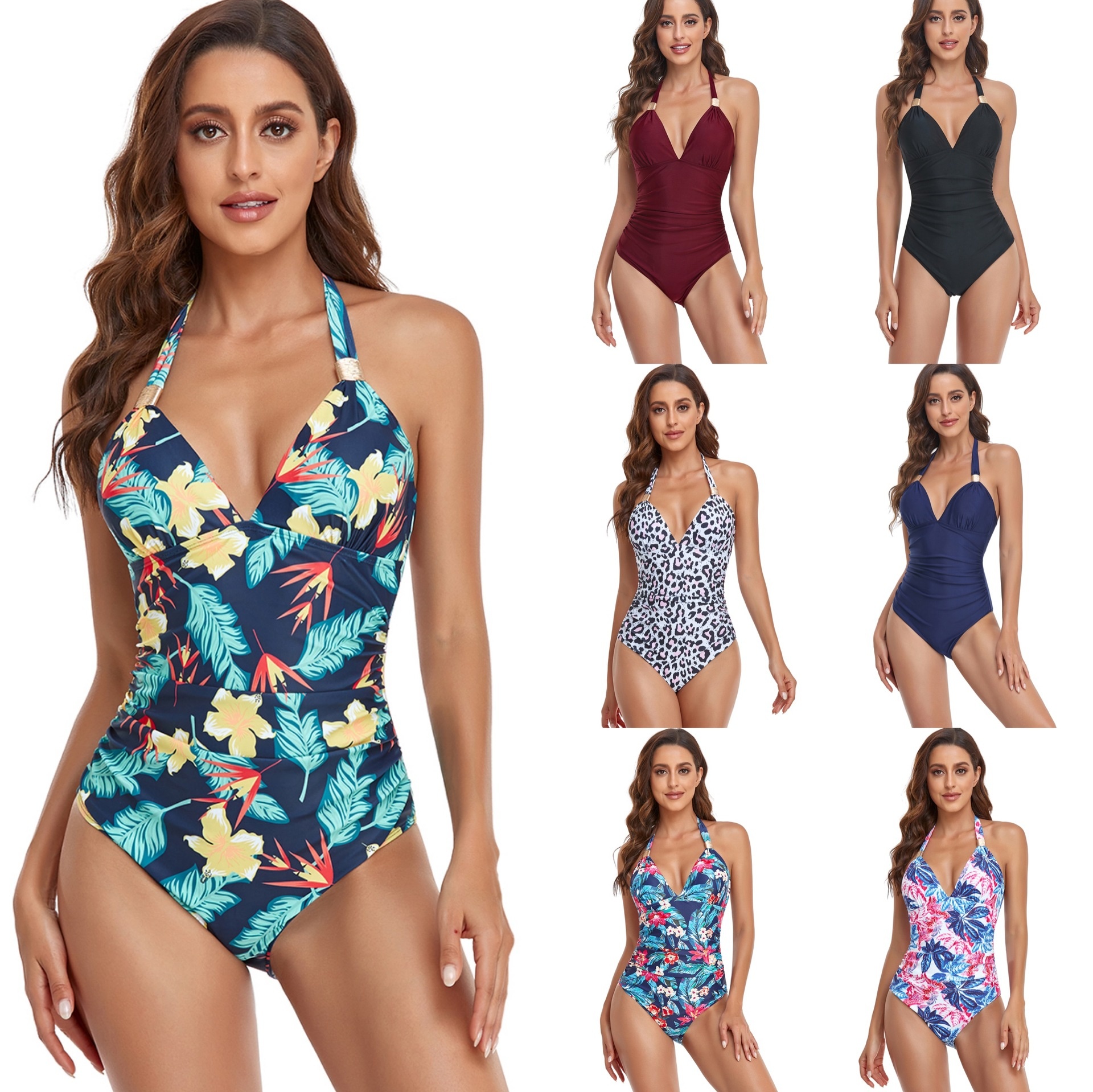 One-piece Swimsuit Sexy Halter Neck Deep VBelly-covering Tight Briefs Digital Printed Swimsuit
