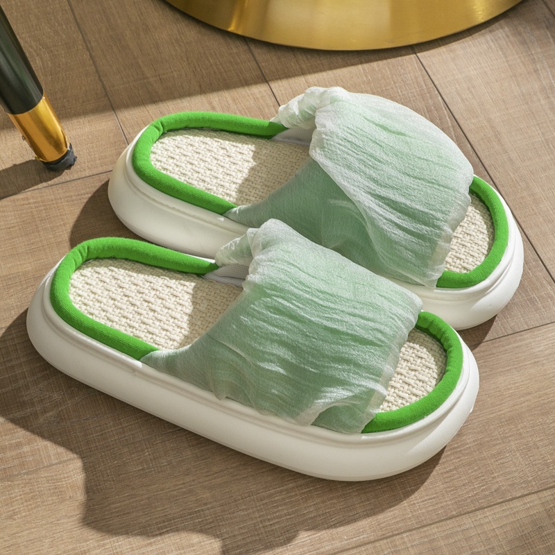 23 Small Fresh Linen Slippers For Women Indoor Four Seasons Universal Home Thick Bottom Non-slip Breathable Sandals