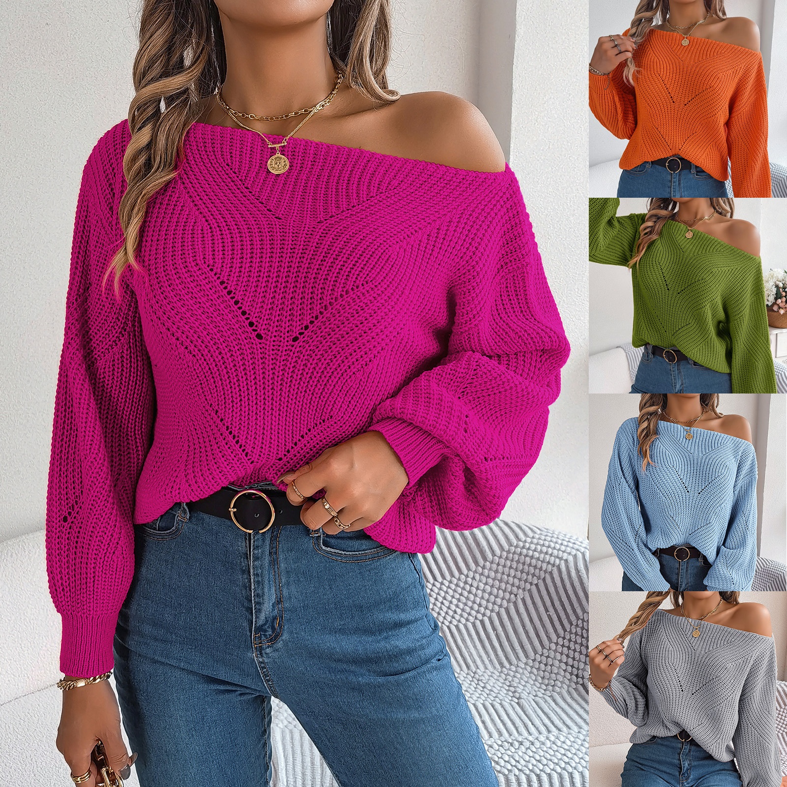 Real Shot Of Autumn And Winter Casual Hollow One-shoulder Off-shoulder Lantern Sleeve Sweater Independent Station European And American Women's Clothing - 1